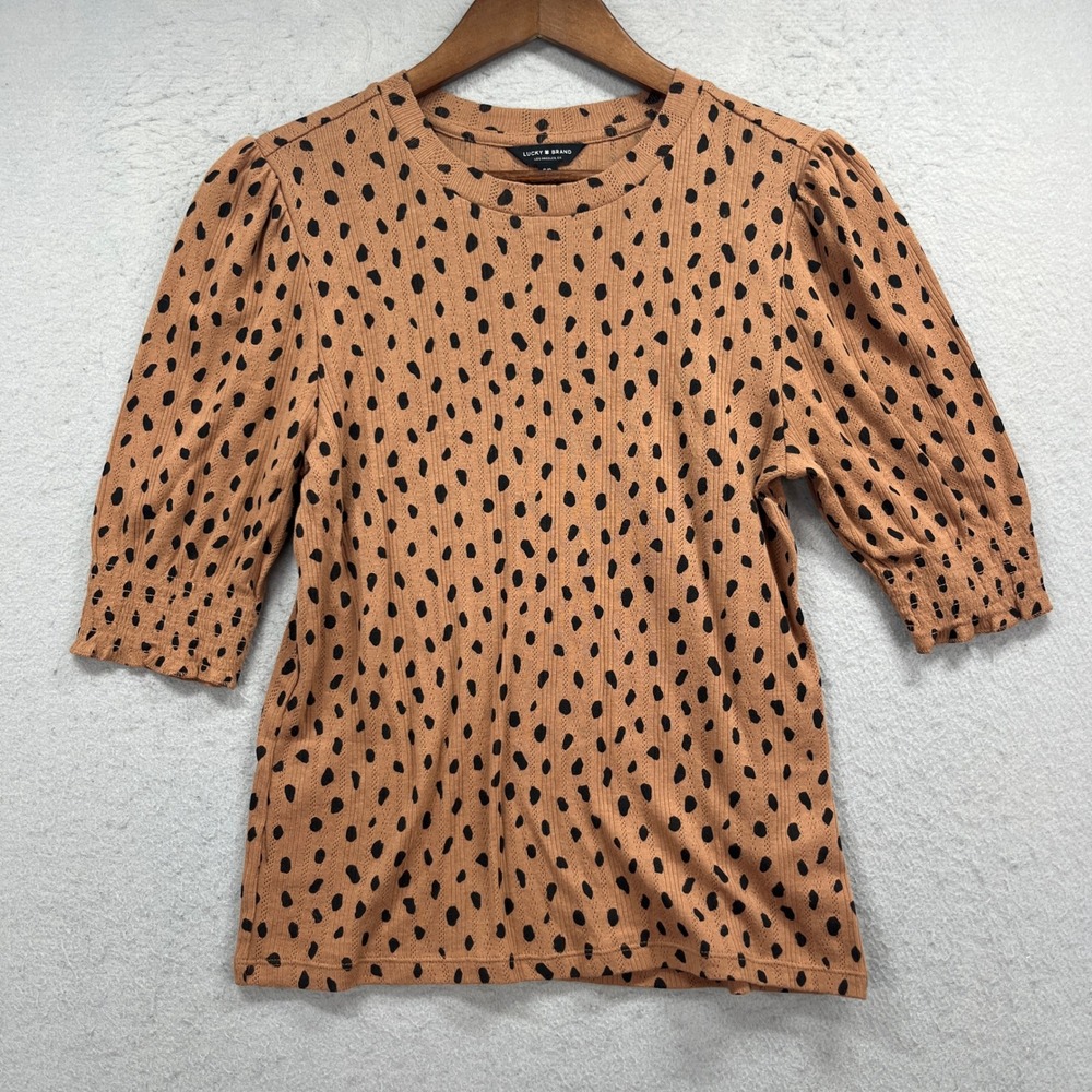 Lucky Brand Top Womens Small Brown Polka Dot Puff Sleeve Pointelle Knit Casual